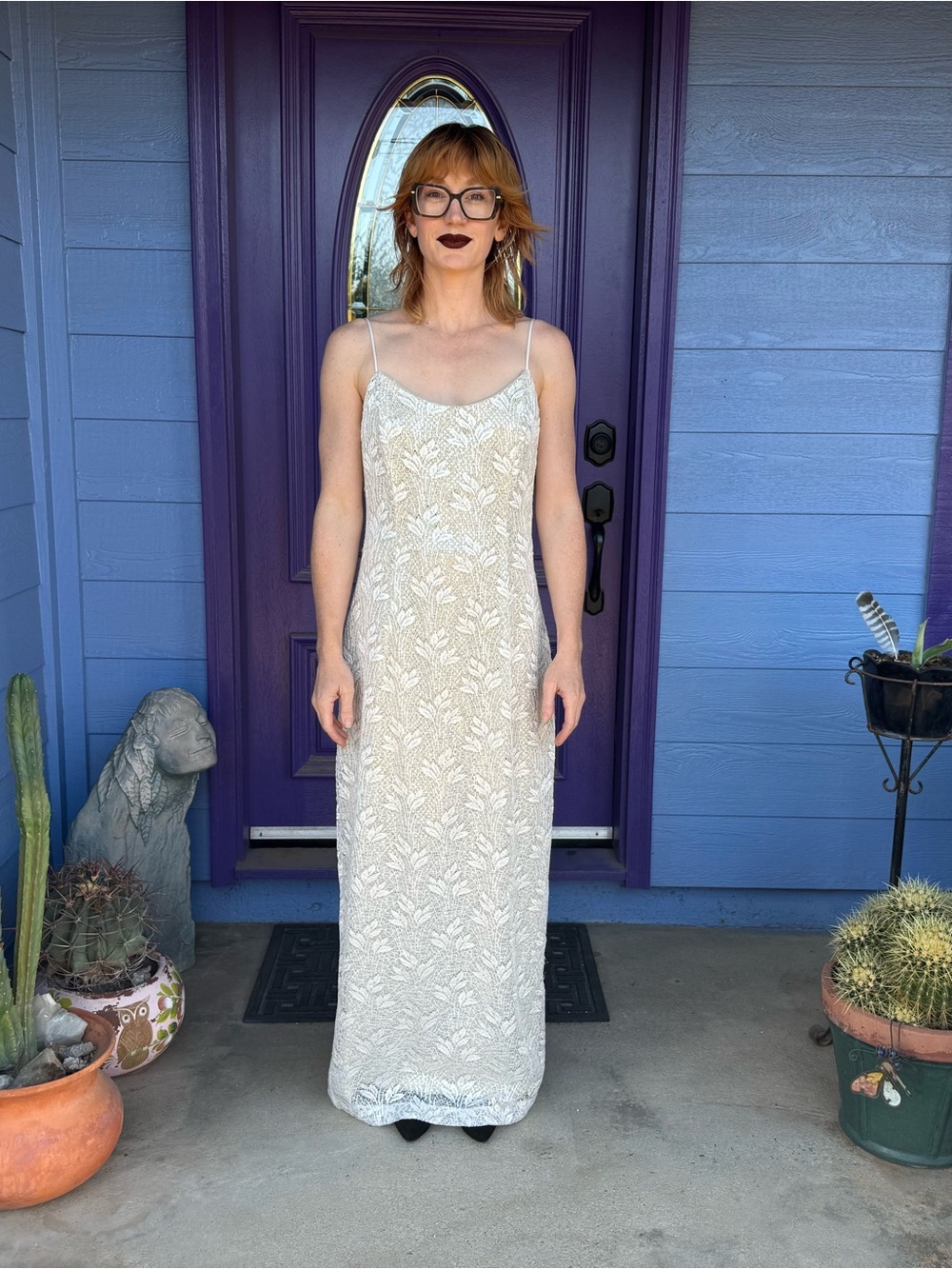 Elegant Ivory Slip Dress Leaf Lace by Bari Jay Y2K Vintage 9/10
